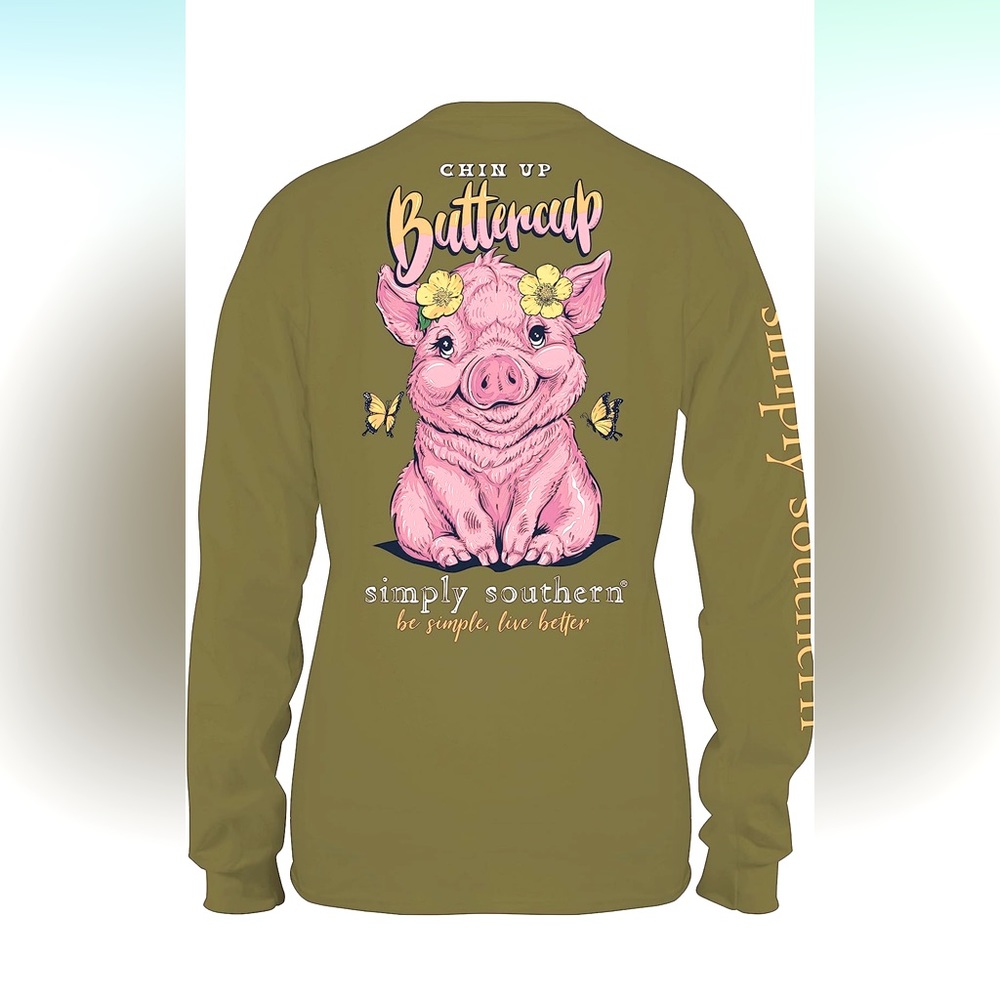 Free Ship! NWT! Simply Southern Long Sleeve Green Piggy Shirt, Size M